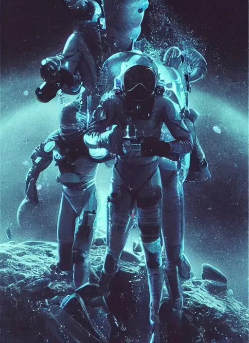 Image similar to astronauts in dark and empty void underwater - complex and hyperdetailed technical suit. reflection and dispersion materials. rays and dispersion of light. volumetric light. 5 0 mm, f / 3 2. noise film photo. flash photography. ultra realistic, wide angle. poster by wayne barlowe, hajime sorayama aaron horkey, craig mullins