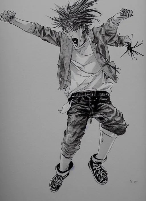 Image similar to a funky disco crackhead jumping around in the club, by takehiko inoue and kim jung gi, masterpiece ink illustration, realistic face and anatomy