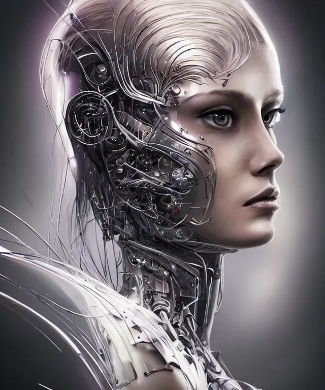 Image similar to a woman turning into an Android portrait wearing a part cybernetic body, surrealism , scifi, intricate, elegant, sharp eyebrows, ornate long flowing blonde hair, highly detailed cybernetic body, neon glowing eyes, digital painting, artstation, concept art, smooth, sharp focus, illustration, art by Artgerm and moebius and Peter Mohrbacher