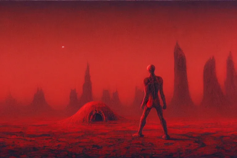 Image similar to only with red, red god of death eat apple, a futuristic city on mars in the background, red worms on the floor, in the style of beksinski, part by hopper, part by rodcenko, part by hofbauer, intricate composition, red by caravaggio, insanely quality, highly detailed, masterpiece, red light, artstation, 8 k