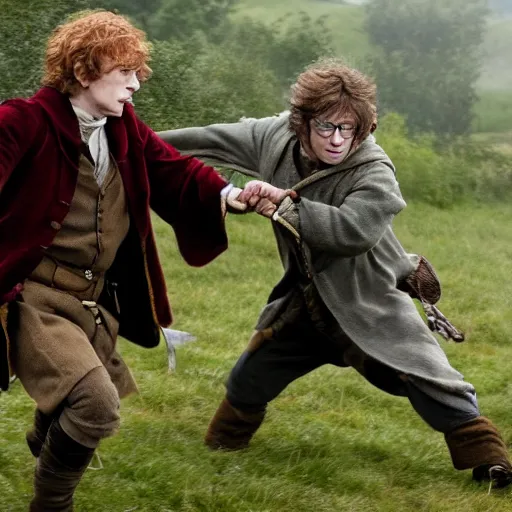 Prompt: bilbo baggins fighting harry potter in an open field, high definition, high quality, atmospheric, fantasy, magic