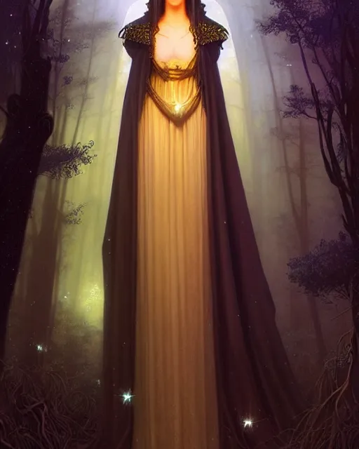 Image similar to nocturne, glowing, stars, a portrait of a beautiful medieval princess, tall and thin, highly detailed, mysterious, ethereal, glowing in the dark, haute couture, dark forest, illustration, painting, dramatic lighting, by edmund blair leighton, brom, charlie bowater, faces by otto schmidt