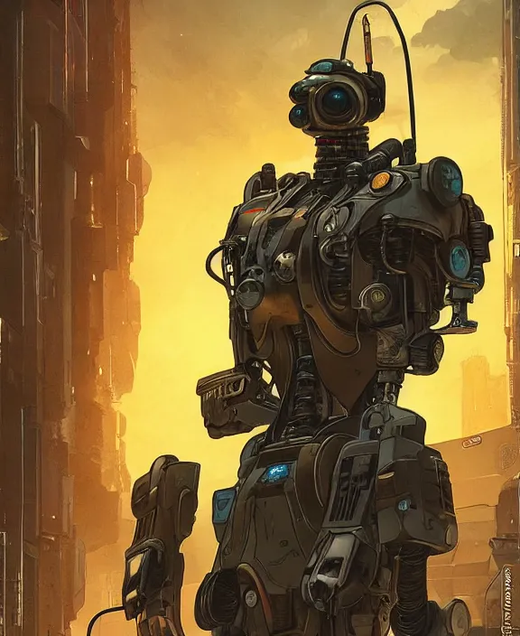 Prompt: cyberpunk pathfinder robot from apex legends character portrait, portrait by james gurney and laurie greasley, concept art, cinematic composition, dramatic lighting, highly detailed, vintage sci - fi