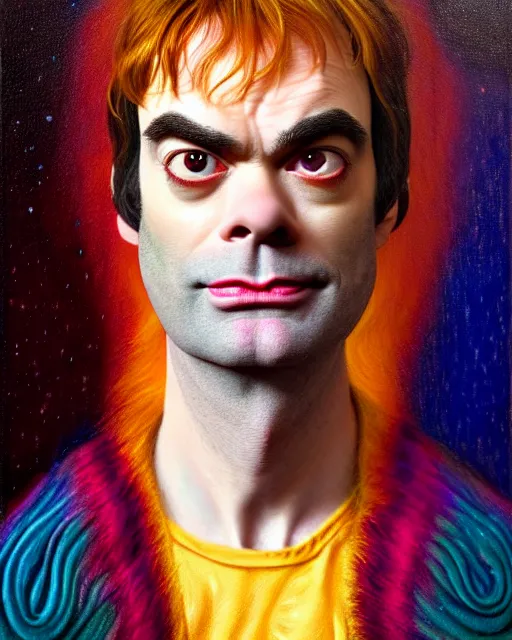 Image similar to portrait of bill hader, unusual beauty, etheric, outworldly colours, emotionally evoking symbolic metaphors, head in focus, fantasy, ornamental, intricate, elegant, highly detailed painting style photo, artstation, concept art, painterly, golden ratio, sharp focus, illustration, art by john william godward and leonora carrington,