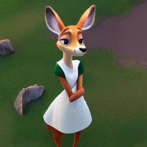 Prompt: portrait, 3 d render, anthropomorphic deer female, wearing long white dress, in the style of zootopia