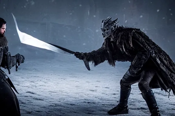 Prompt: very very intricate photorealistic photo of jon snow fighting the night king, photo is in focus with detailed atmospheric lighting, award - winning details