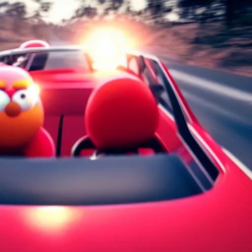 Image similar to Elmo driving a sports car, cinematic, cinematic lighting, HD, movie experience