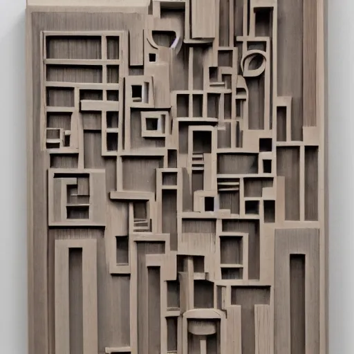 Prompt: louise nevelson wood carving of contemporary architectural garden design