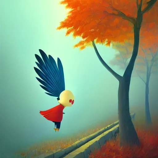 Prompt: goro fujita ilustration a beautiful bird with open wings and feathers flying over a forest full of autumn trees, painting by goro fujita, sharp focus, highly detailed, artstation