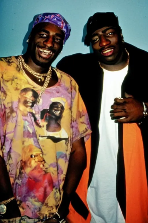 Image similar to Smiling Tupac and Biggie flying to Heaven