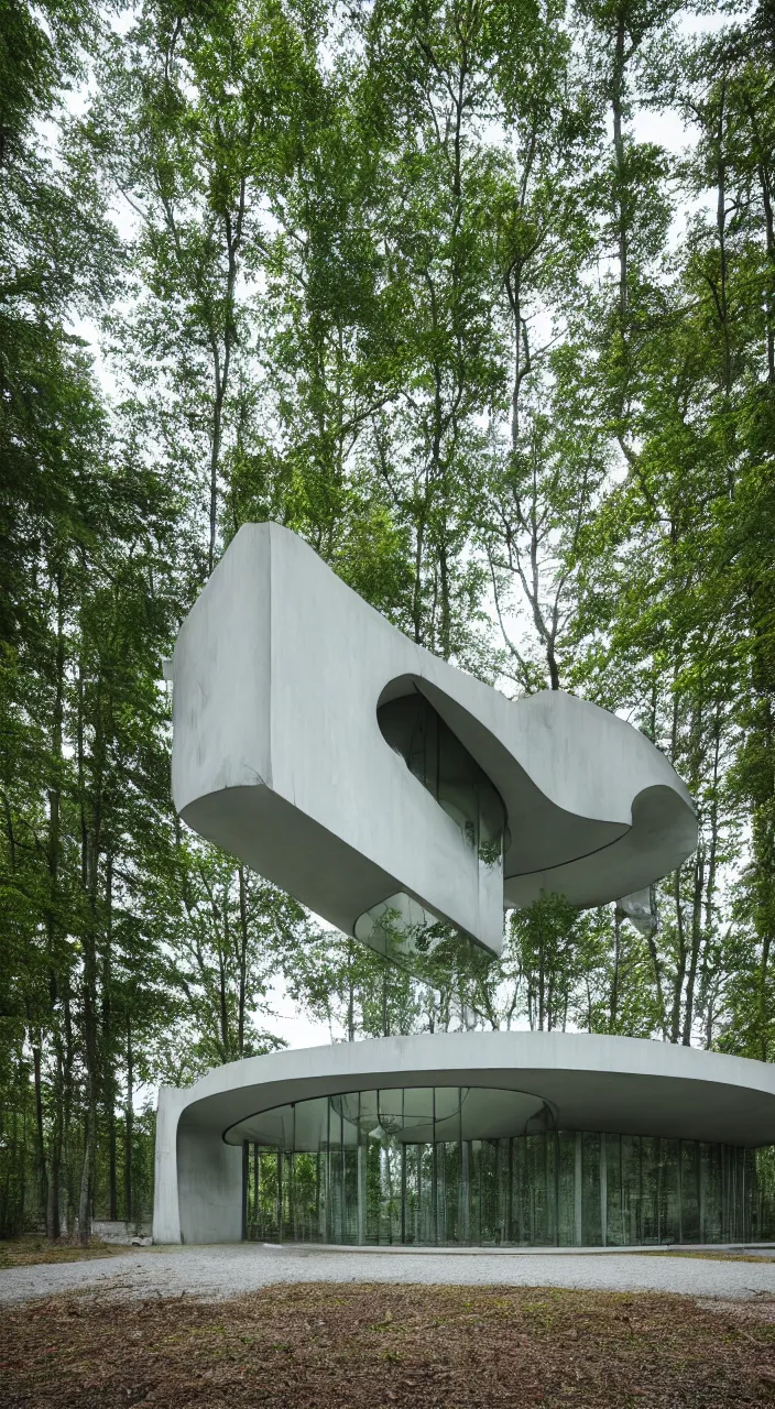 Prompt: a photo of a contemporary glass building in a forest covered in concrete. the concrete is smooth mat white. grass and oak trees surround the building at dusk. futurist architecture, in the style of antonio santelia