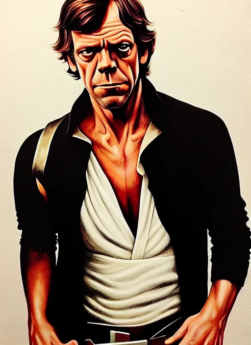 Prompt: upper body portrait of hugh laurie as han solo in star wars from 1 9 7 7, wearing han solo's clothes, wearing a black vest and a white shirt, hyperrealistic, very detailed painting by glenn fabry, by joao ruas, by artgerm