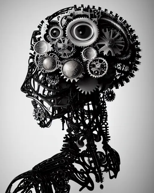 Image similar to black and white dreamy foggy profile face portrait, one steampunk eye biomechanical beautiful young female cyclope - cyborg - robot bust, body ribs meshes,, volumetric light, hibiscus flowers, by hg giger, rim light, by dora maar and cecile beaton, big gothic fashion pearl embroidered collar, 8 k