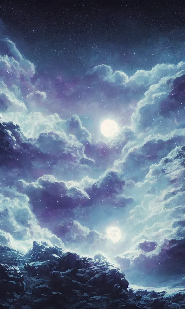 Prompt: a beautiful painting of ice age, starry sky, moon, cloud, by liam wong and yuumei and yanjun chen, trending on artstation