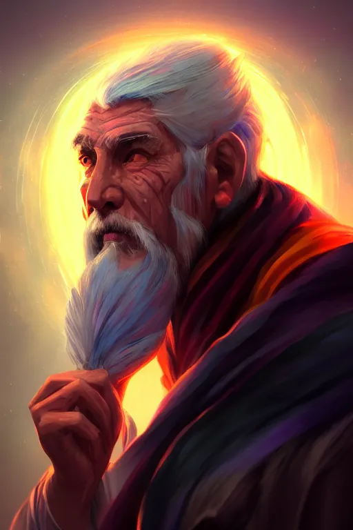 Image similar to a human elemental sorcerer, mountainous setting, colorful magic effects, white skin, portrait, old man, sharp focus, digital art, concept art, trending on artstation, dynamic lighting, by emylie boivin