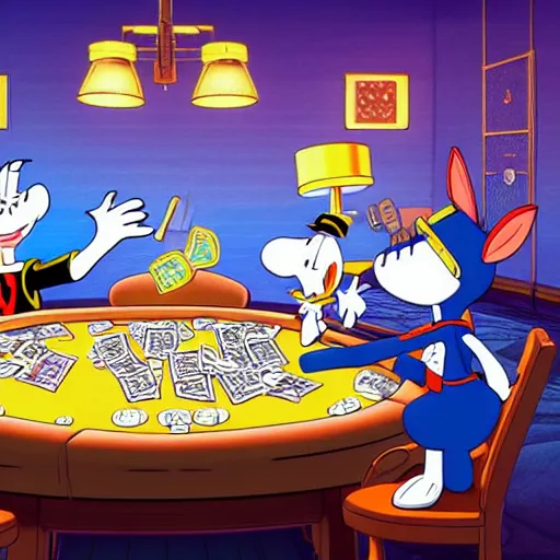 Prompt: a highly detailed vector picture of bugs bunny and captain crunch and snoopy and bender playing poker, art by dan mumford and yusuke murata and makoto shinkai and ross tran, cosmic, heavenly, god rays, intricate detail, cinematic, 8 k, cel shaded, unreal engine, featured on artstation, pixiv