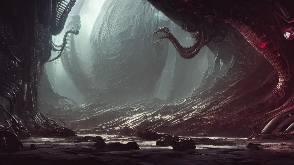 Image similar to Sci-fi environment set in a nightmarish universe of odd forms and somber tapestry, HR Giger, Wadim Kashin, in Peter Elson color scheme, featured in artstation, octane render, cinematic, elegant, intricate, 8k