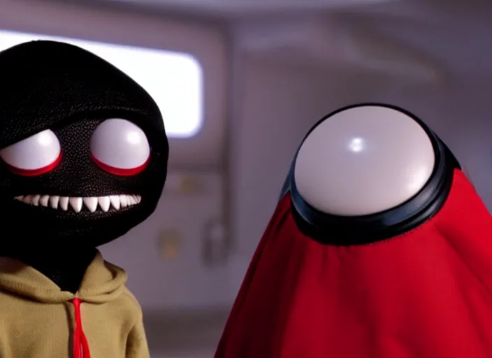 Image similar to film still of real life nibbler, a small black alien with a single antenna on his head, large eyes and 2 fangs wearing a diaper and red cape in the new scifi movie, 4 k