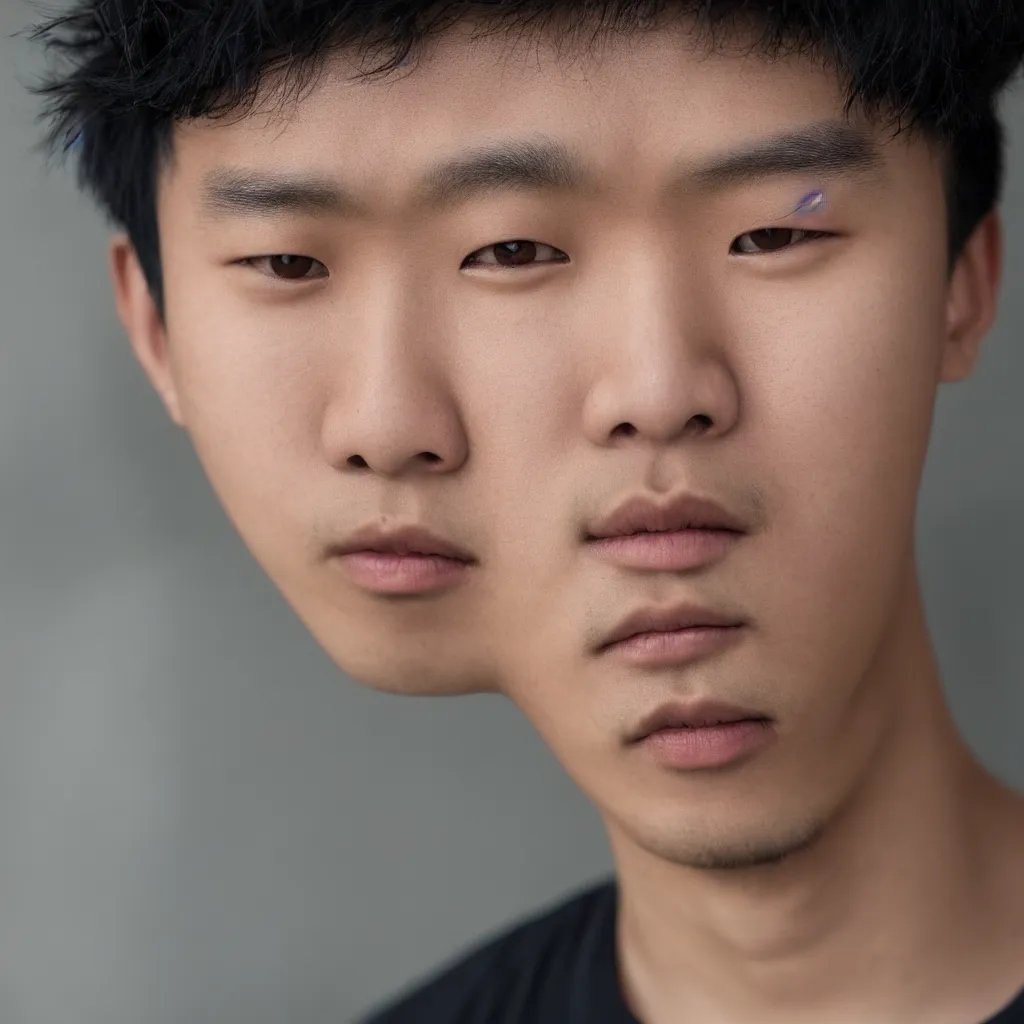 Prompt: a young asian man with a square face, very short thick curly black hair and swarthy skin, close up portrait