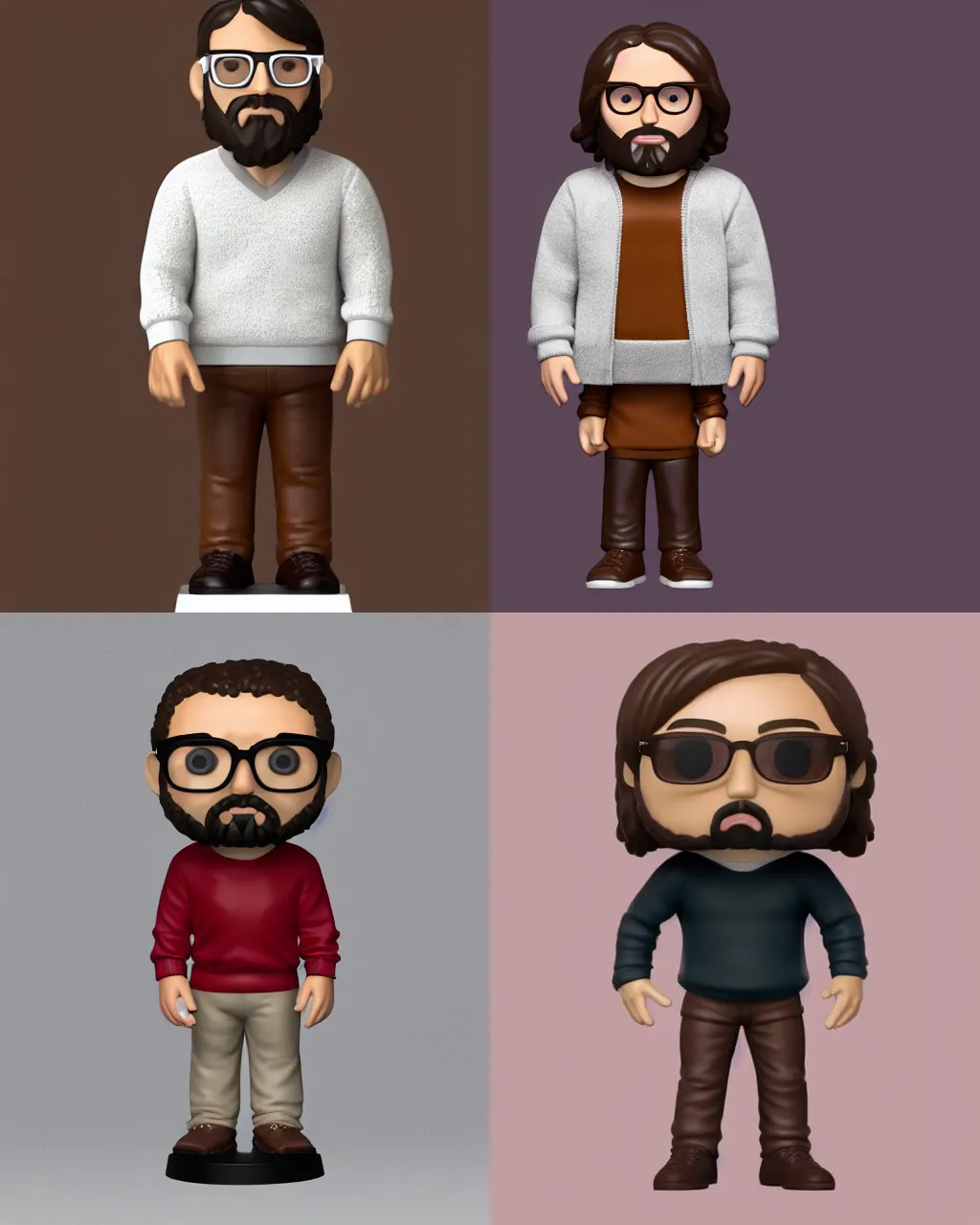 Prompt: full body 3d render of jesus wearing tobacco brown sweater, white collar solid crew-neck, glasses, as a full body funko pop!, studio lighting, grey background, single body, no shadow, blender, trending on artstation, 8k, highly detailed