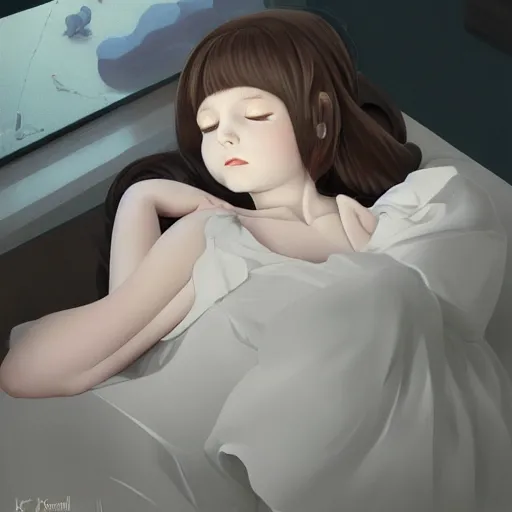 Image similar to room with an amount of photos retracting an little girl with an long black hair dressed in a simple white dress sleeping, anime art style, digital art ilya kuvshinov, inspired by balthus, hd, 4 k, hyper detailed, dark, anatomically correct, angelic face