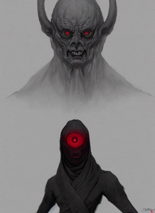 Image similar to concept art of a character with a black robe, glowing eye, digital art, trending on artstation, wayne barlowe and zdzislaw beksinski