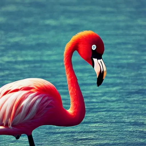 Image similar to A flamingo with big muscular arms eating an apple, photography, realistic