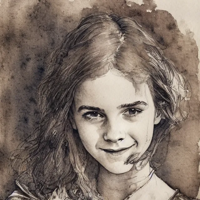 Prompt: a detailed, intricate watercolor and ink portrait illustration with fine lines of young 1 4 year old emma watson looking over her shoulder, with a wide, openly laughing smile, by arthur rackham and edmund dulac and lisbeth zwerger