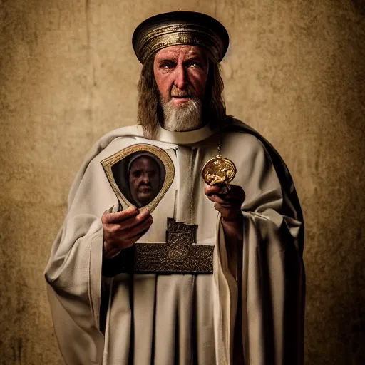 Image similar to stunning beautiful portrait photography of medieval sacred priest from national geographic award winning, dramatic lighting, taken with canon 5d mk4, sigma art lens, medium-shot