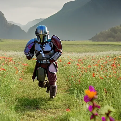 Prompt: mandalorian skipping through field of wildflowers, stunning cinematography, light diffusion