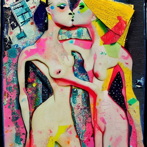 Image similar to two women kissing at a carnival, mixed media collage, futuristic, paper collage, magazine collage, acrylic paint splatters, bauhaus, claymation, layered paper art, sapphic visual poetry expressing the utmost of desires by jackson pollock