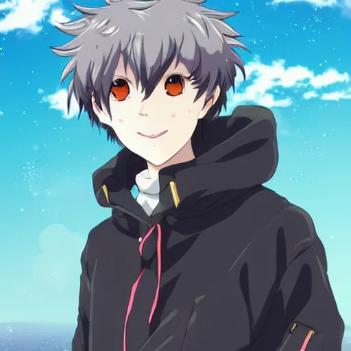 Image similar to key anime visual portrait of an anthropomorphic anthro wolf fursona, in a jacket, with handsome eyes, official modern anime art