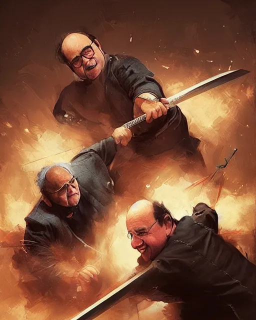 Image similar to “ george costanza and danny devito having a swordfight, very epic, digital art, greg rutkowski ”