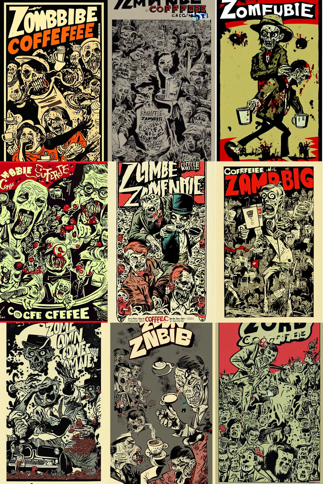 Prompt: zombie chasing coffee, by mcbess, full colour print, vintage colours 1 9 5 0 s, high detail