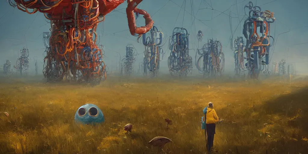 Prompt: a weird view with a giant weird creaturesimon stalenhag, highly detailed, digital art, realistic, trending on artstation, 4 k