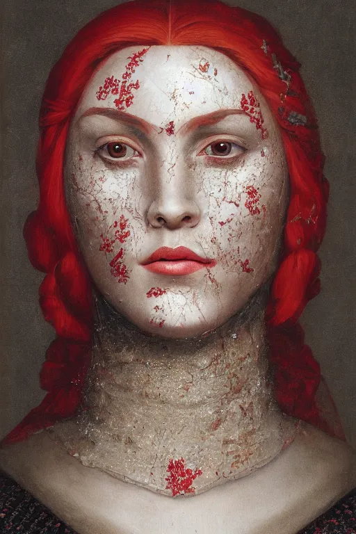 Prompt: hyperrealism close - up mythological portrait of a medieval woman's shattered face partially made of crimson flowers in style of classicism, wearing silver silk robe, dark palette