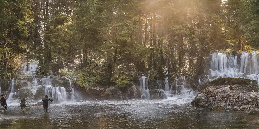 Prompt: distant figures dancing in a waterfall lagoon surrounded by redwood trees during golden hour by sapna reddy & dustin lefevre, cinematic forest lighting, hyperdetailed, in volumetric soft glowing mist, elegant pose, movie still, real life landscape