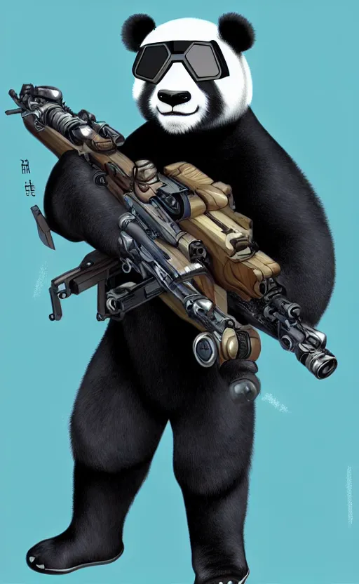 Image similar to cyborg panda wearing goggles equipped with a futuristic rifle, full body shot, artstation, detailed, technology, sci - fi