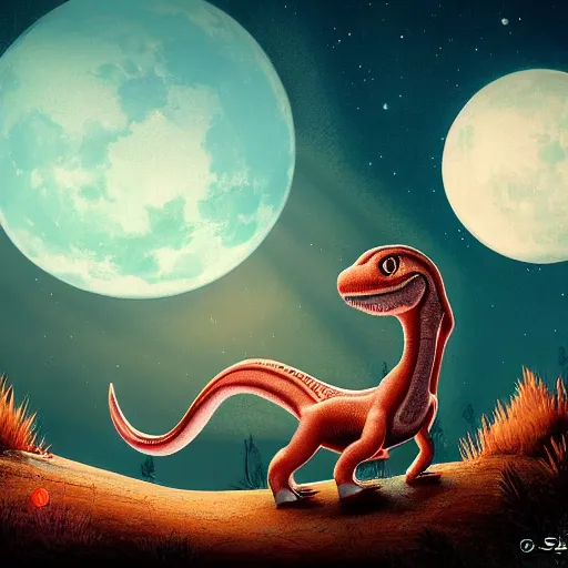 Image similar to cute dino in lake under big full moon, by Slavko Kahovsky, sharp focus, highly detailed, ArtStation