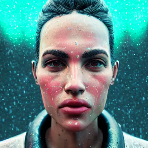 Prompt: human portrait sculpted out of rain, beautiful, neon, epic detail, galactic background, rendered in octane, unreal engine, realistic