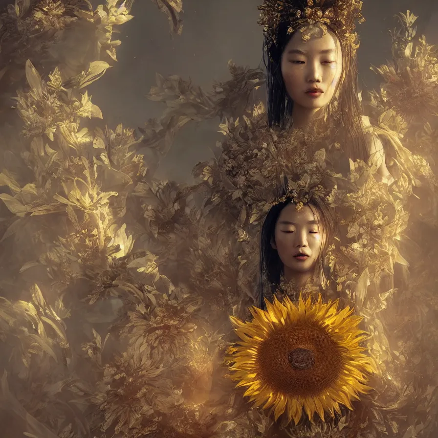 Prompt: a fancy portrait of the chinese sunflower goddess by Greg Rutkowski, Sung Choi, Mitchell Mohrhauser, Maciej Kuciara, Johnson Ting, Maxim Verehin, Peter Konig, Bloodborne, macro lens, 35mm, 8k photorealistic, cinematic lighting, HD, high details, atmospheric,