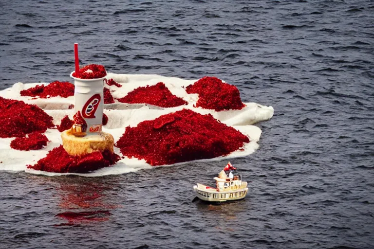 Image similar to an island made of food, around the island instead of water coca - cola ( dark brown ), instead of sand red caviar, instead of mountains ice cream with cherries, photo taken from a boat, 3 5 mm, cinematic