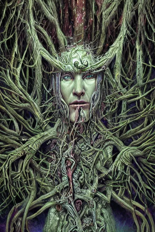 Image similar to 8k overdetailed maximalist ent darkfantasy art by oleksandra shchaslyva cinematic symmetric portrait of an ancient ent god emperor. Centered, uncut, unzoom charachter illustration. Ayahuasca visual manifestation. Surreal render, ultra realistic, zenith view. Inspired by giger feat peter gric and bekinski. Overpainted by salviadroid. Extremely ornated. artstation, cgsociety, unreal engine, ray tracing, detailed illustration, hd, 4k, digital art, overdetailed art. Intricate omnious visionary darkscifi fantastic realism concept art. complementing colors. Trending on artstation, deviantart