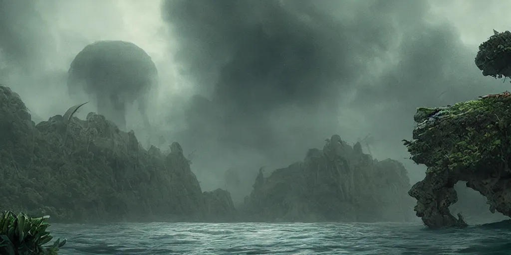 Image similar to screenshot from a movie, scull island, epic matte painting of a misty jungle island on choppy seas, cinematic cinematography masterpiece, skull, greg rutkowski, and ivan aivazovski, roger deakins