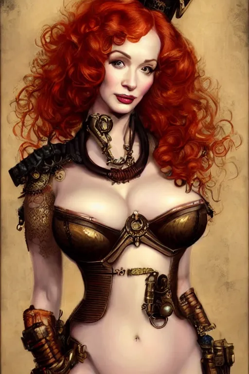 Image similar to three-quarters pose portrait of Christina Hendricks as a sensual Lady Mechanika, very beautiful young woman, ginger wavy hair, Victorian-era push-up underwire. Intricate, steampunk imagery themed, D&D!, fantasy style, sharp focus!, ultra detailed, art by Artgerm and Peter Andrew Jones, WLUP