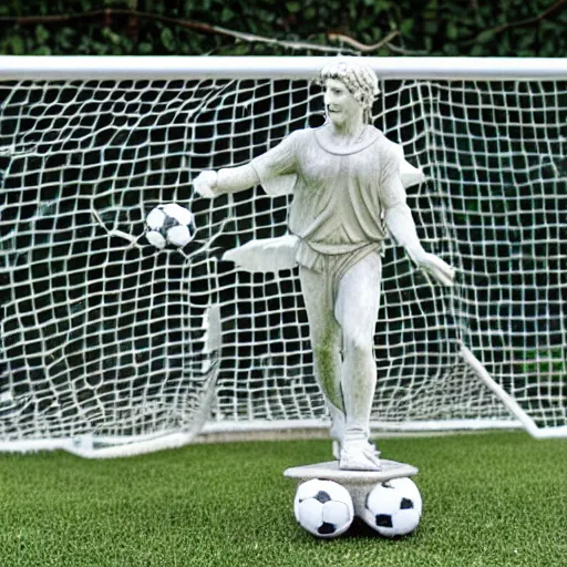 Prompt: detailed marble statue of an angel soccer goal keeper catching a ball