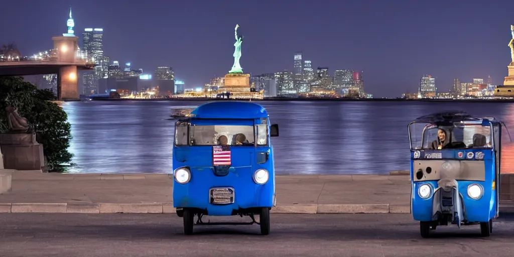 Image similar to a blue tuk tuk with the statue of liberty in the background, night