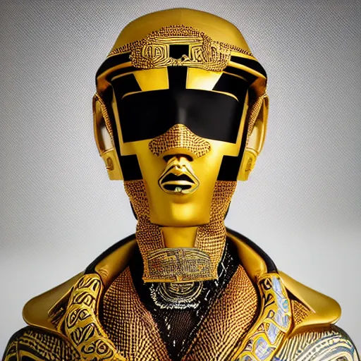 Image similar to portrait of masked dune dynasty with versace clothes, white background, versace logo, 8 k, symmetrical, 3 d render, octane render, insane details