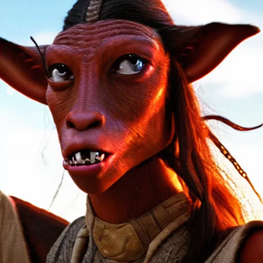 Prompt: film still of jar jar binks as a female cowgirl, long eyeslashes, big juicy lips, big seductive eyes, dramatic cinematic lighting, beautiful magic hour lighting, dolce & gabbana campaign