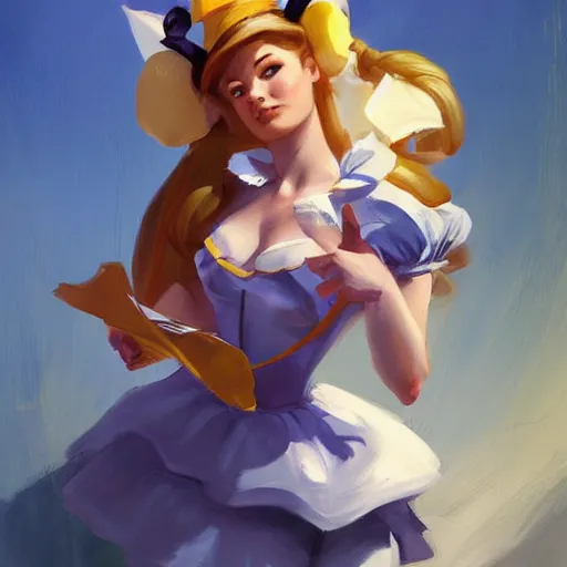 Image similar to greg manchess portrait painting of alice in wonderland as overwatch character, medium shot, asymmetrical, profile picture, organic painting, sunny day, matte painting, bold shapes, hard edges, street art, trending on artstation, by huang guangjian and gil elvgren and brom